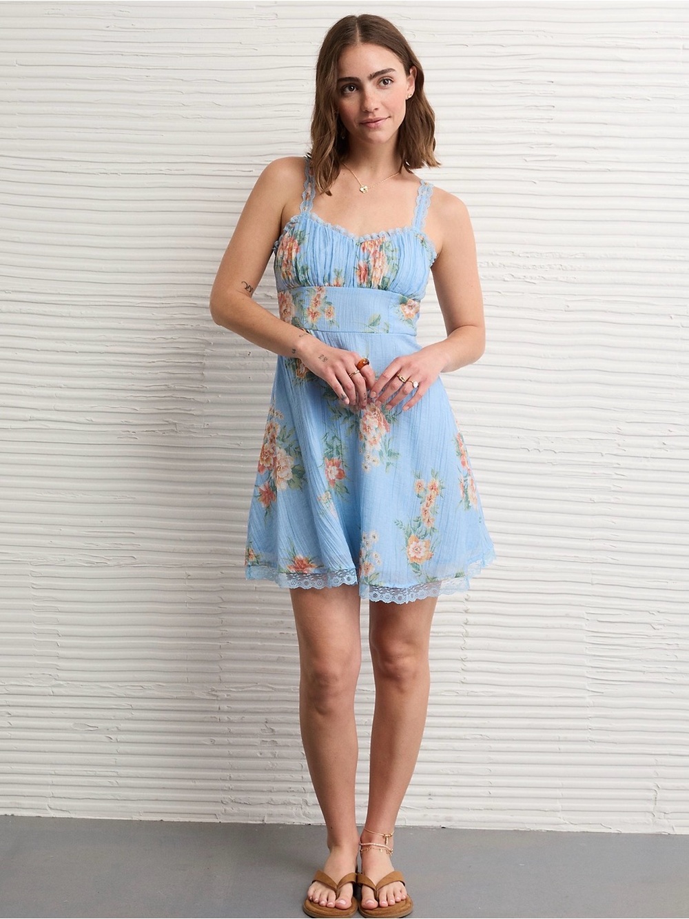 American Eagle Outfitters Sky Blue Floral Mini Sundress